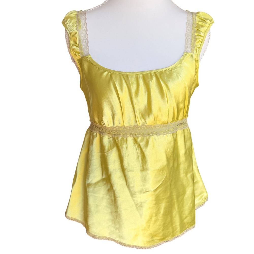Bongo Yellow Satin Babydoll Camisole Top Lace Trim Empire Waist Vintage Size‎ M